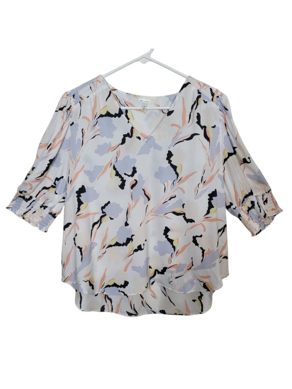 Joie Porcelain Print Blouse V-Neck Smocked Sleeves Business Casual Sz Large